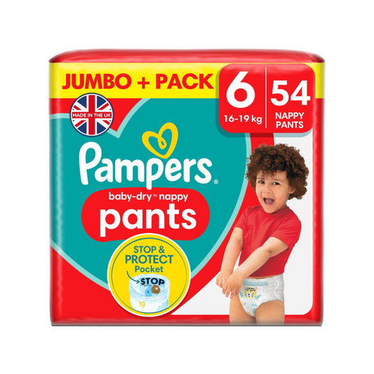 Pampers Baby-Dry Nappy Pants Size 6, 54 Nappies, 14kg - 19kg, Jumbo+ Pack