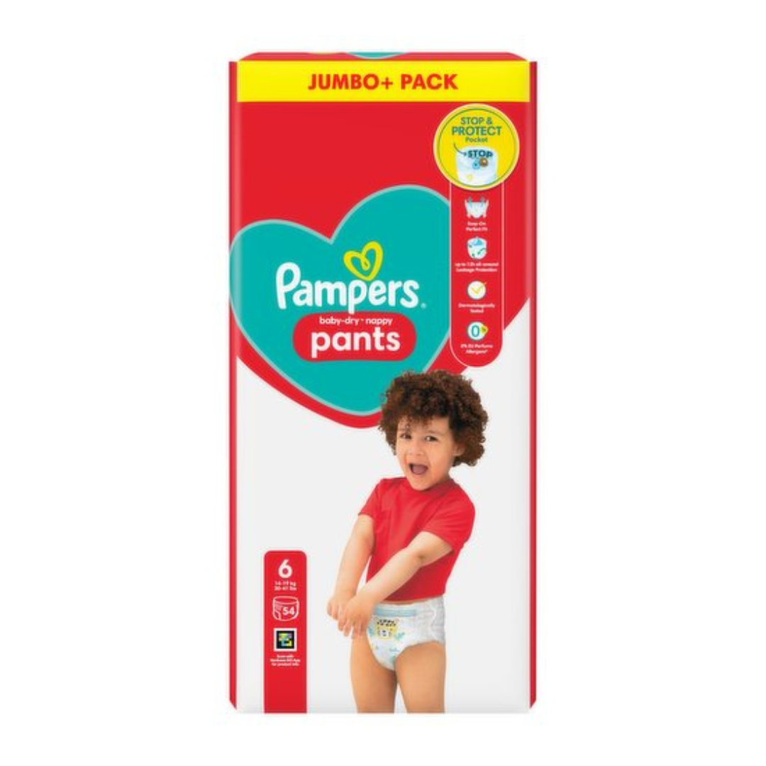 Pampers Baby-Dry Nappy Pants Size 6, 54 Nappies, 14kg - 19kg, Jumbo+ Pack