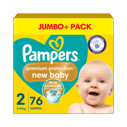 Pampers Premium Protection New Baby Size 2, 4-8kg, 76 Nappies Jumbo+ Pack